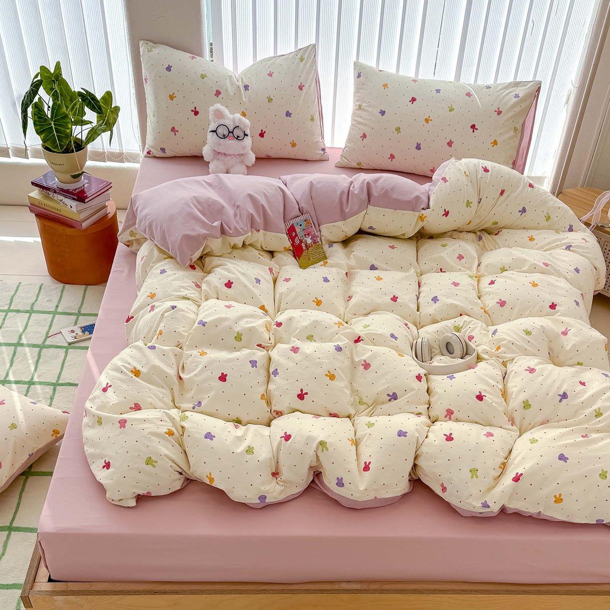 91家纺网 家纺一手货源 找家纺 铺尚美家纺 2026新款春款A类古法水洗仿棉云感棉小布袋四件套 七彩波点免