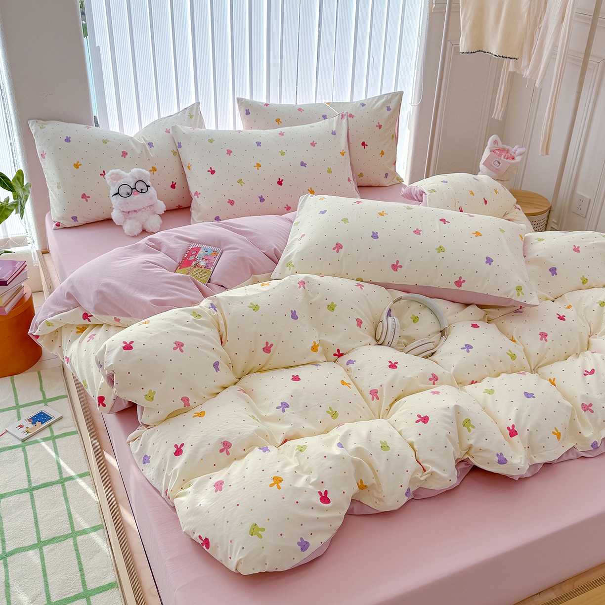 91家纺网 家纺一手货源 找家纺 铺尚美家纺 2026新款春款A类古法水洗仿棉云感棉小布袋四件套 七彩波点免