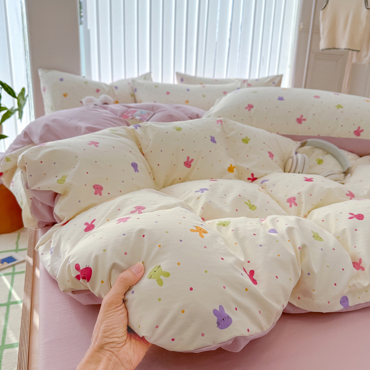 91家纺网 家纺一手货源 找家纺 铺尚美家纺 2026新款春款A类古法水洗仿棉云感棉小布袋四件套 七彩波点免