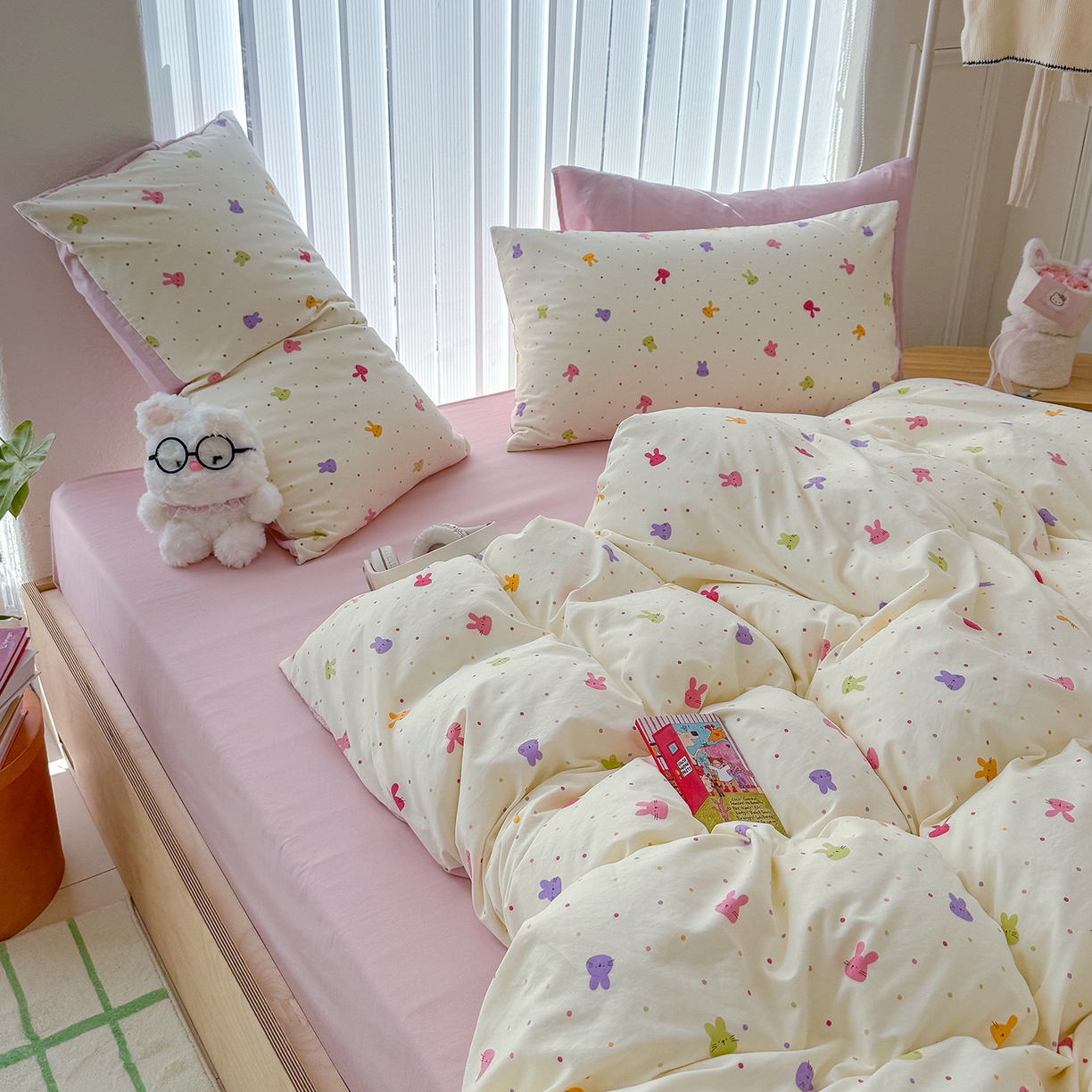 91家纺网 家纺一手货源 找家纺 铺尚美家纺 2026新款春款A类古法水洗仿棉云感棉小布袋四件套 七彩波点免