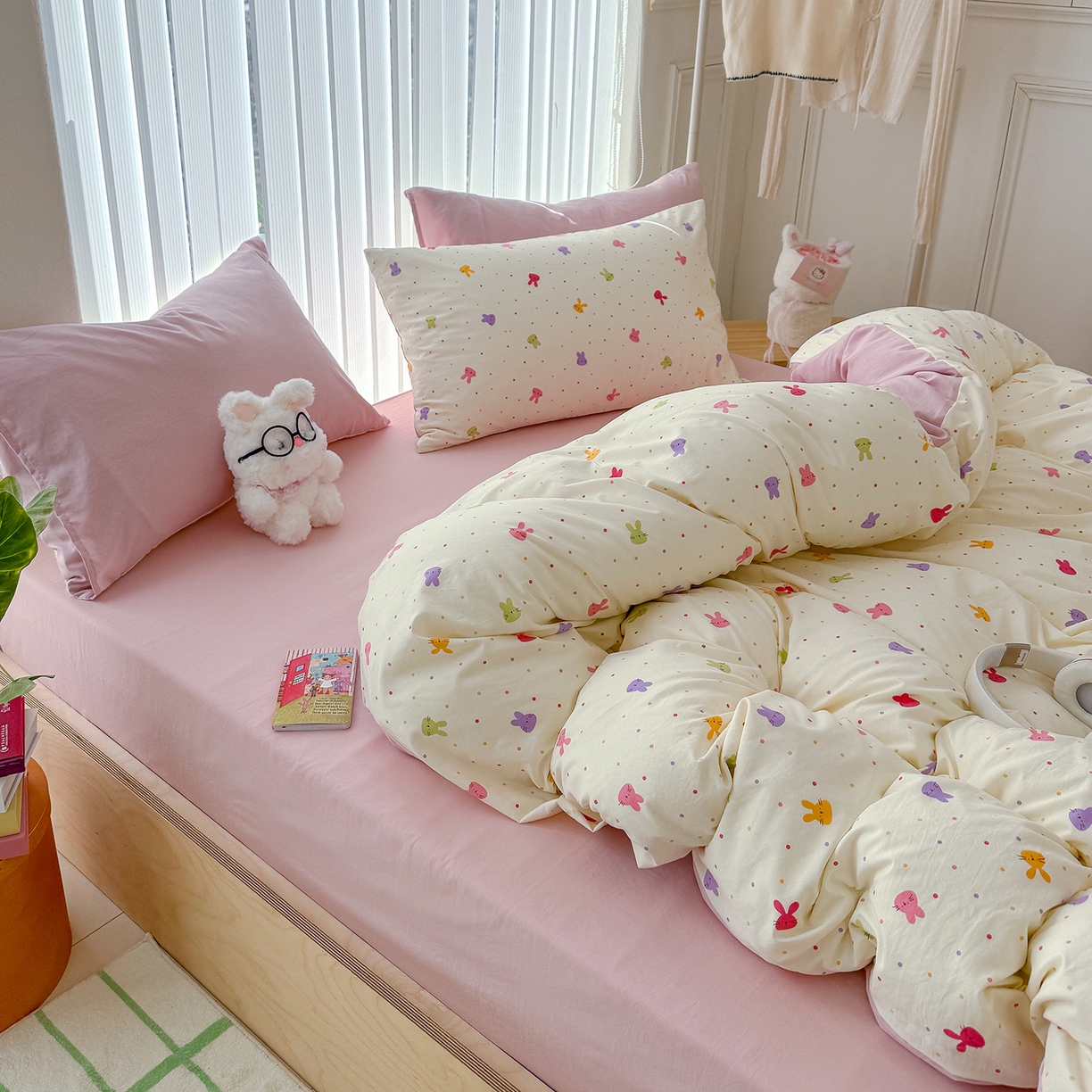 91家纺网 家纺一手货源 找家纺 铺尚美家纺 2026新款春款A类古法水洗仿棉云感棉小布袋四件套 七彩波点免