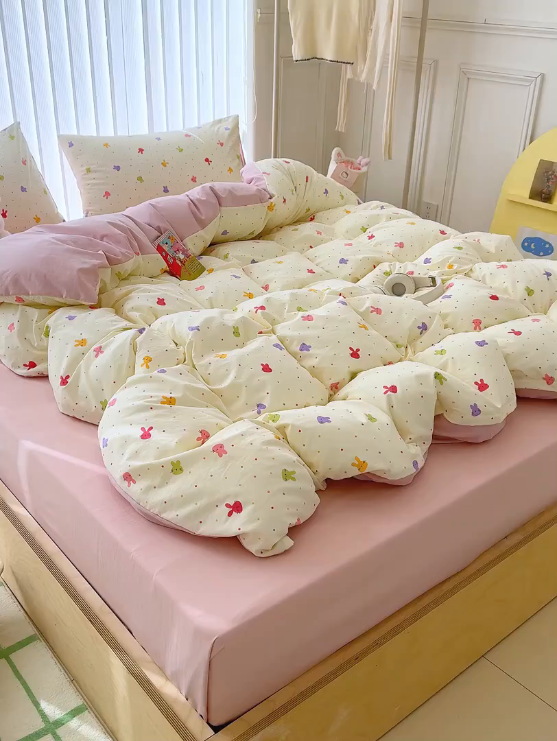 91家纺网 家纺一手货源 找家纺 铺尚美家纺 2026新款春款A类古法水洗仿棉云感棉小布袋四件套 七彩波点免