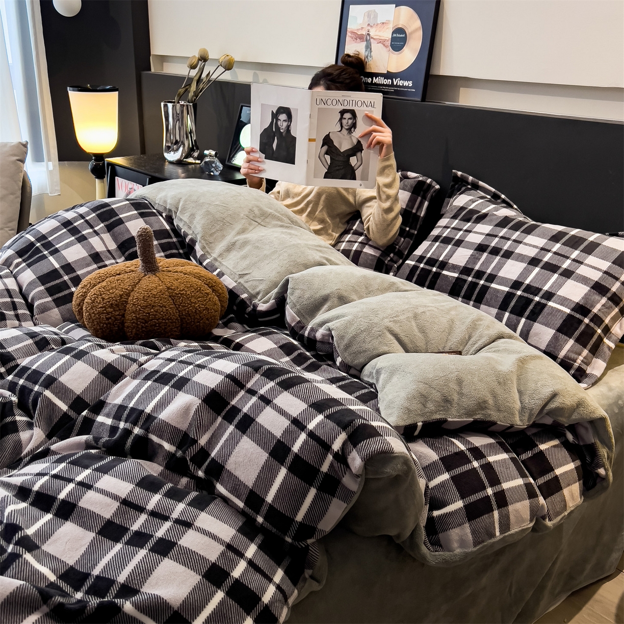 布凡家居 2026新款A类中古风牛奶绒四件套 绒套件-黑白格纹