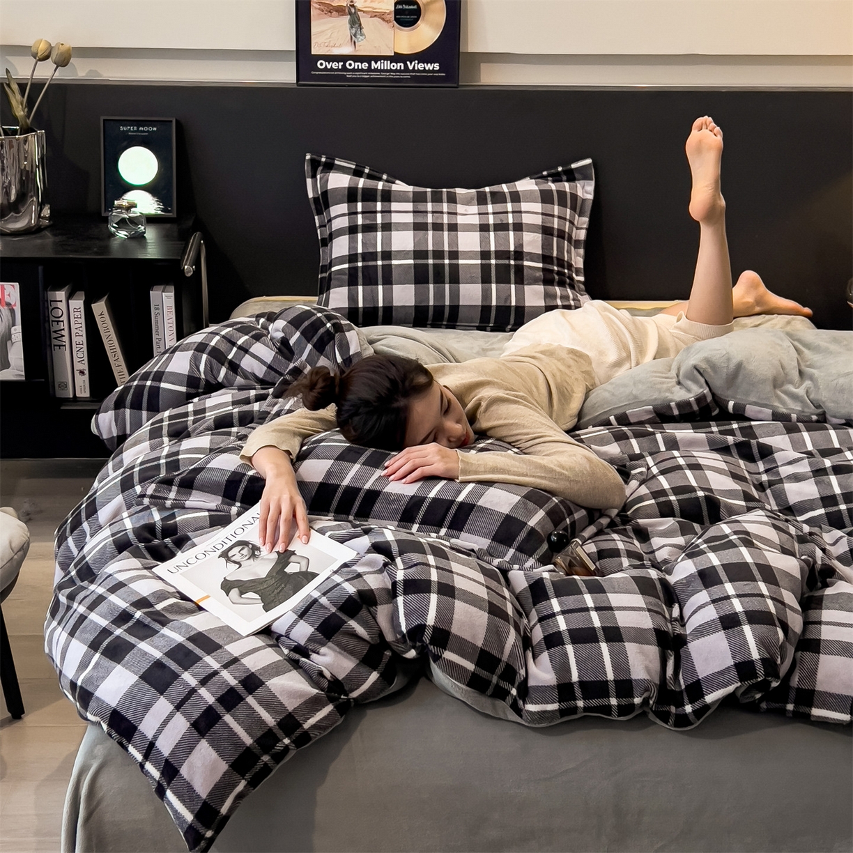 91家纺网 家纺一手货源 找家纺 布凡家居 2026新款A类中古风牛奶绒四件套 绒套件-黑白格纹