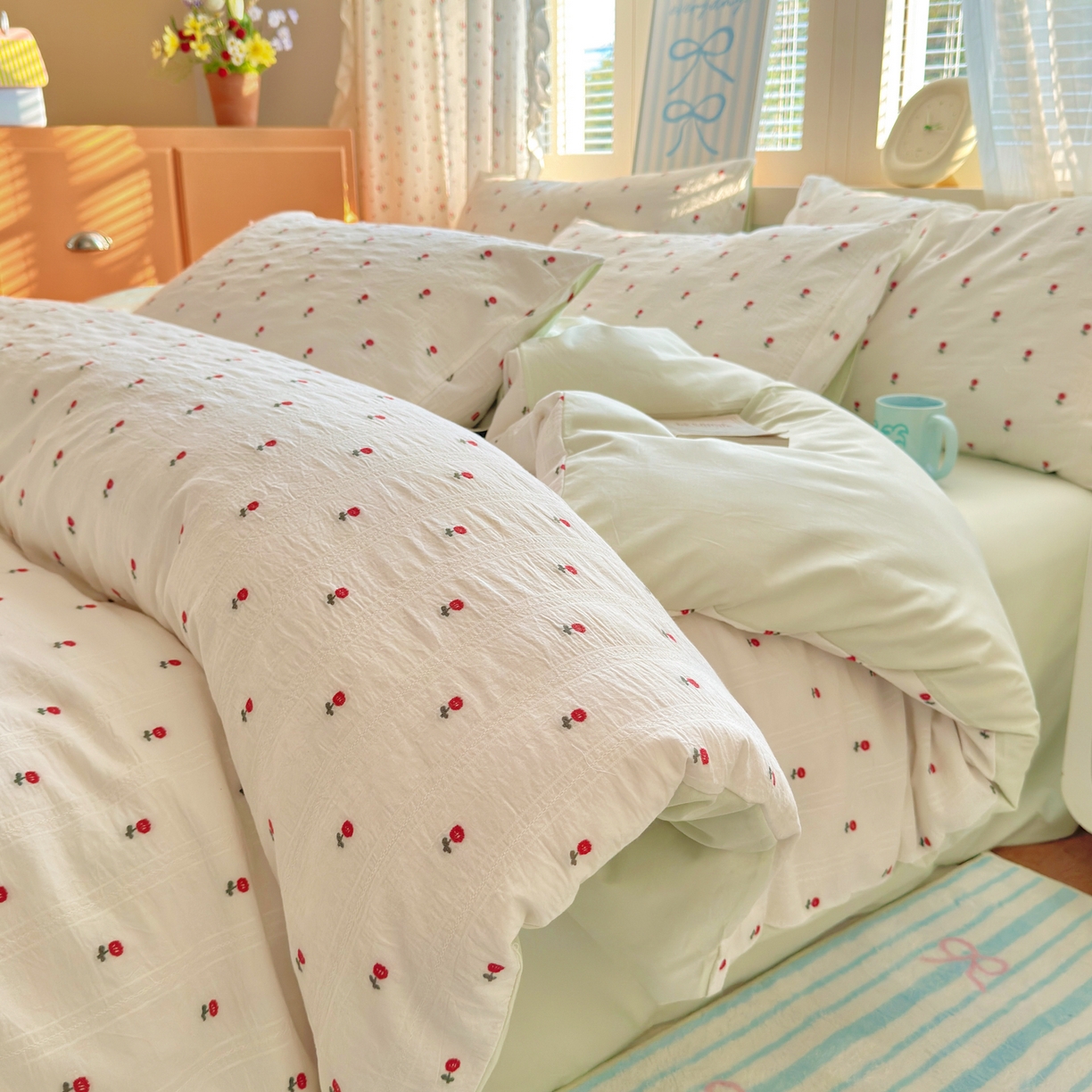 寐居家纺 2026新款舒适全棉水洗棉提花四件套 提花-小红花