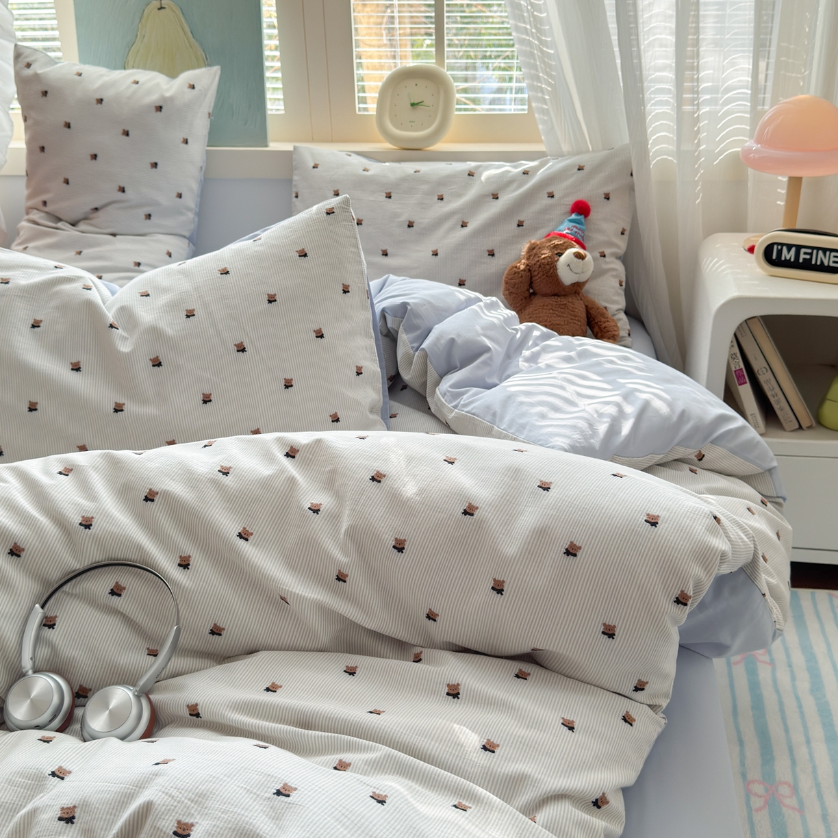 91家纺网 家纺一手货源 找家纺 寐居家纺 2026新款舒适全棉水洗棉提花四件套 提花-小熊蓝