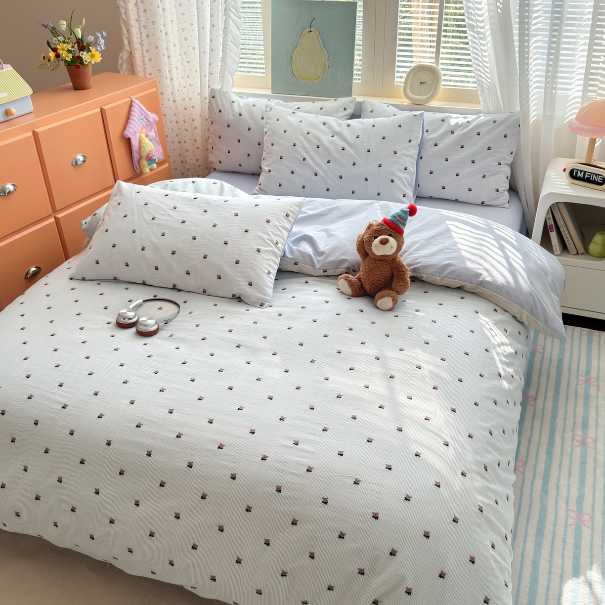 91家纺网 家纺一手货源 找家纺 寐居家纺 2026新款舒适全棉水洗棉提花四件套 提花-小熊蓝