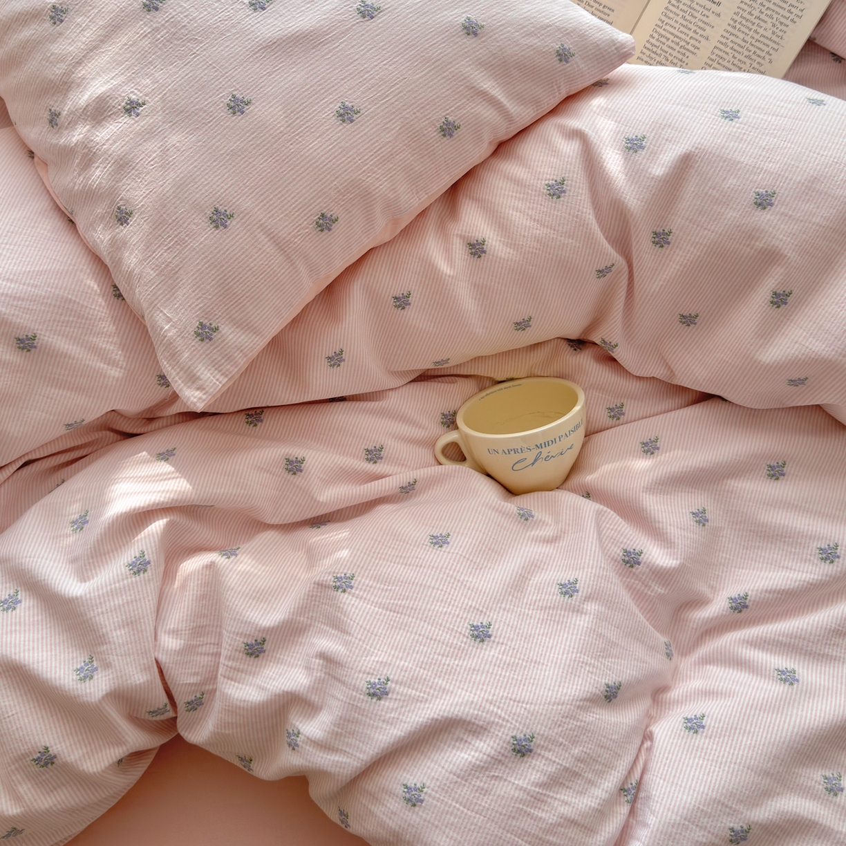 91家纺网 家纺一手货源 找家纺 寐居家纺 2026新款舒适全棉水洗棉提花四件套 提花-铃兰粉