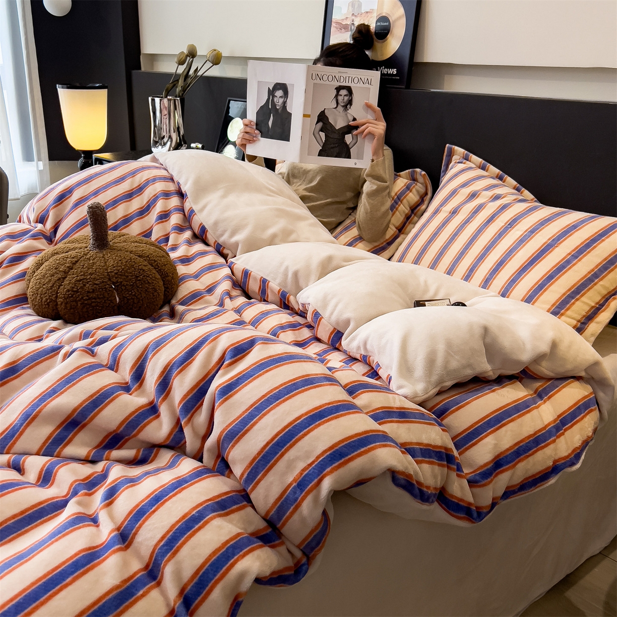 布凡家居 2026新款A类中古风牛奶绒四件套 绒套件-暖橙条纹