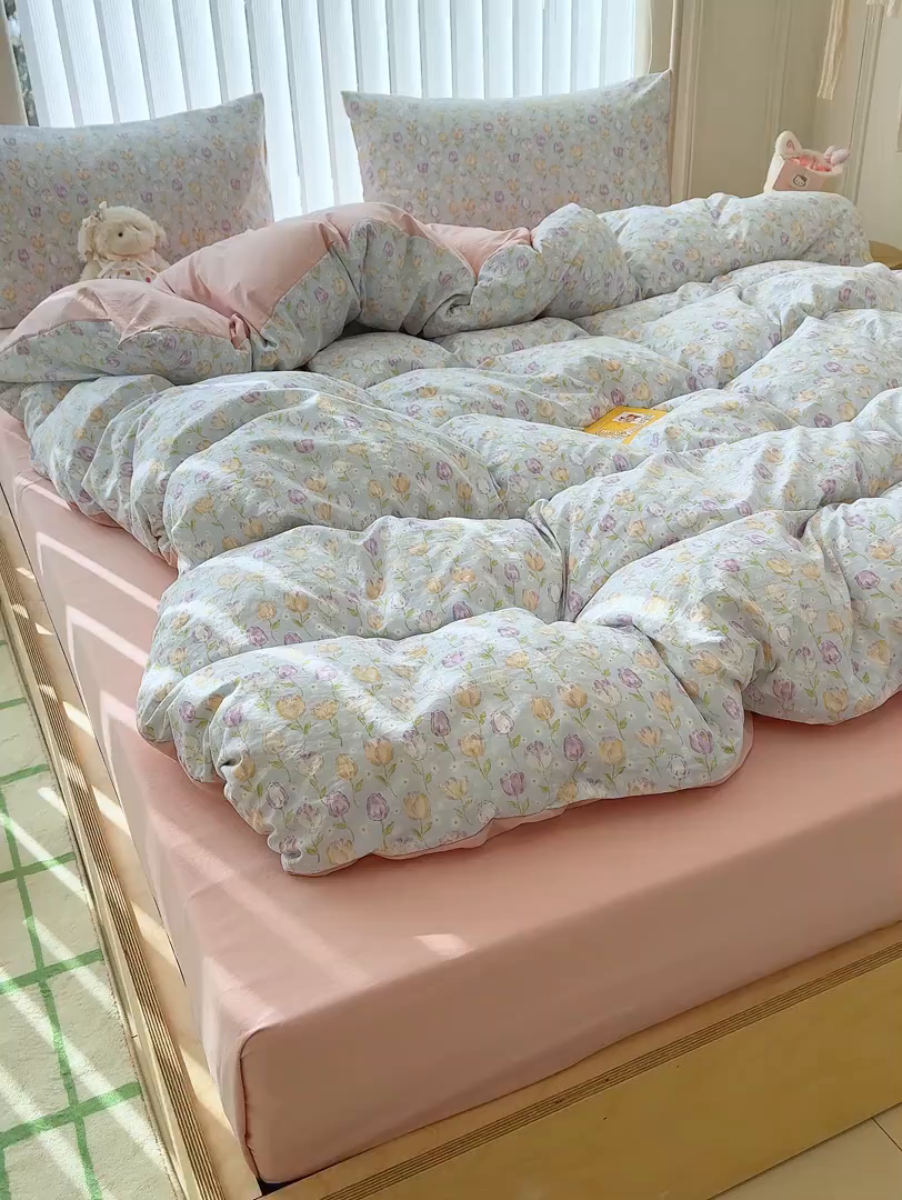 91家纺网 家纺一手货源 找家纺 铺尚美家纺 2026新款春款A类古法水洗仿棉云感棉小布袋四件套 郁金香园