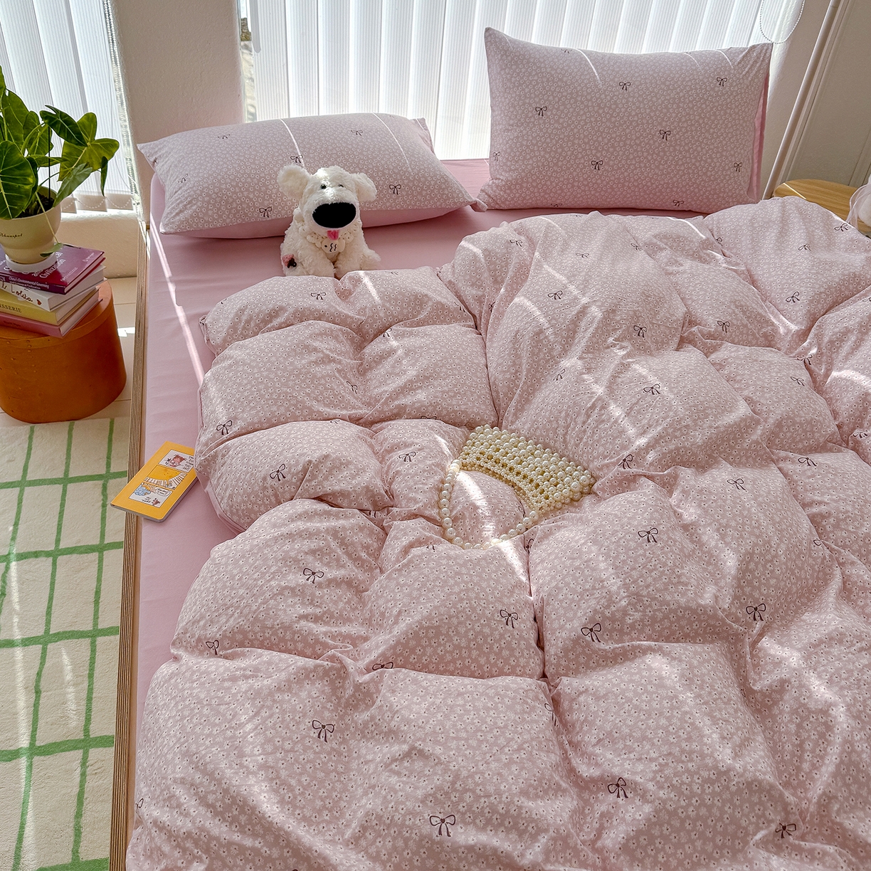 91家纺网 家纺一手货源 找家纺 铺尚美家纺 2026新款春款A类古法水洗仿棉云感棉小布袋四件套 蝴蝶结粉