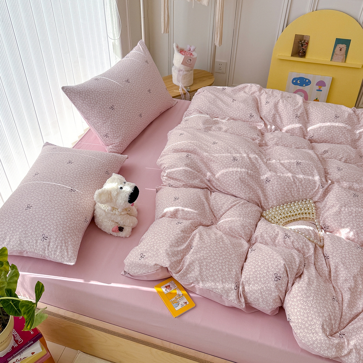 91家纺网 家纺一手货源 找家纺 铺尚美家纺 2026新款春款A类古法水洗仿棉云感棉小布袋四件套 蝴蝶结粉