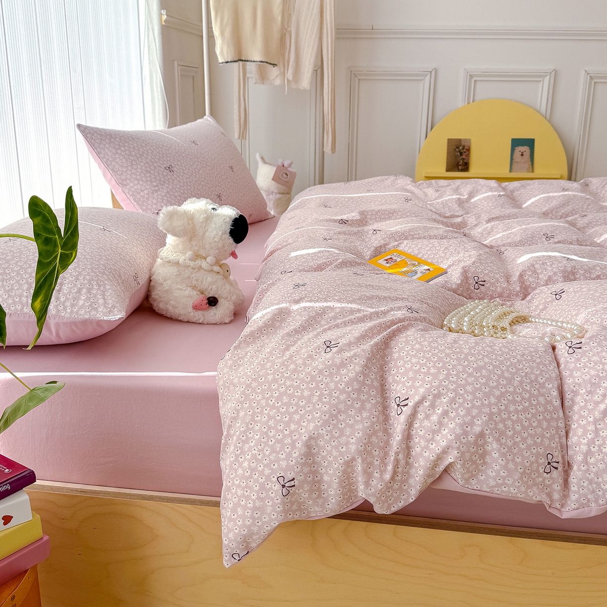 91家纺网 家纺一手货源 找家纺 铺尚美家纺 2026新款春款A类古法水洗仿棉云感棉小布袋四件套 蝴蝶结粉