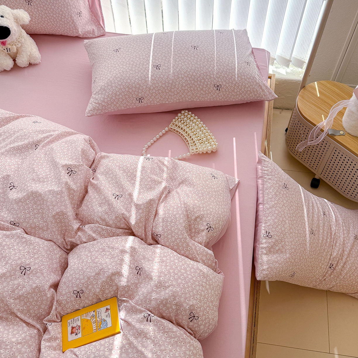 91家纺网 家纺一手货源 找家纺 铺尚美家纺 2026新款春款A类古法水洗仿棉云感棉小布袋四件套 蝴蝶结粉