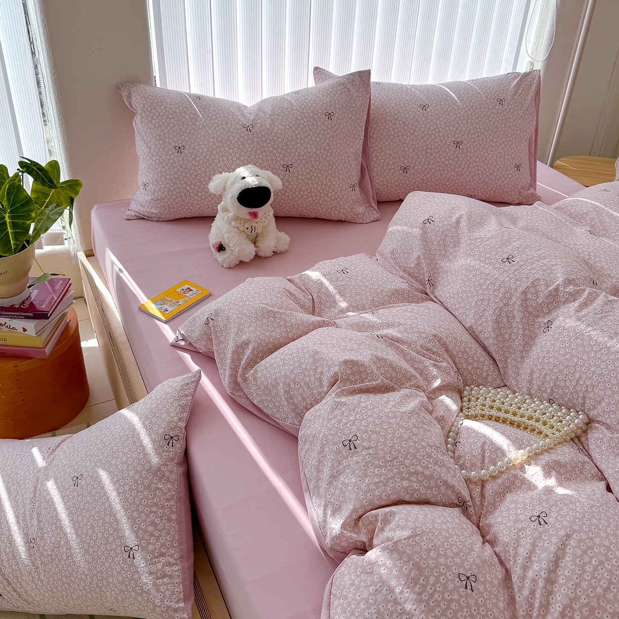 91家纺网 家纺一手货源 找家纺 铺尚美家纺 2026新款春款A类古法水洗仿棉云感棉小布袋四件套 蝴蝶结粉