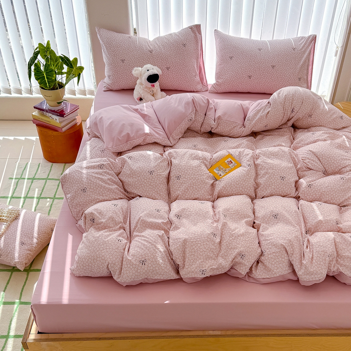 91家纺网 家纺一手货源 找家纺 铺尚美家纺 2026新款春款A类古法水洗仿棉云感棉小布袋四件套 蝴蝶结粉