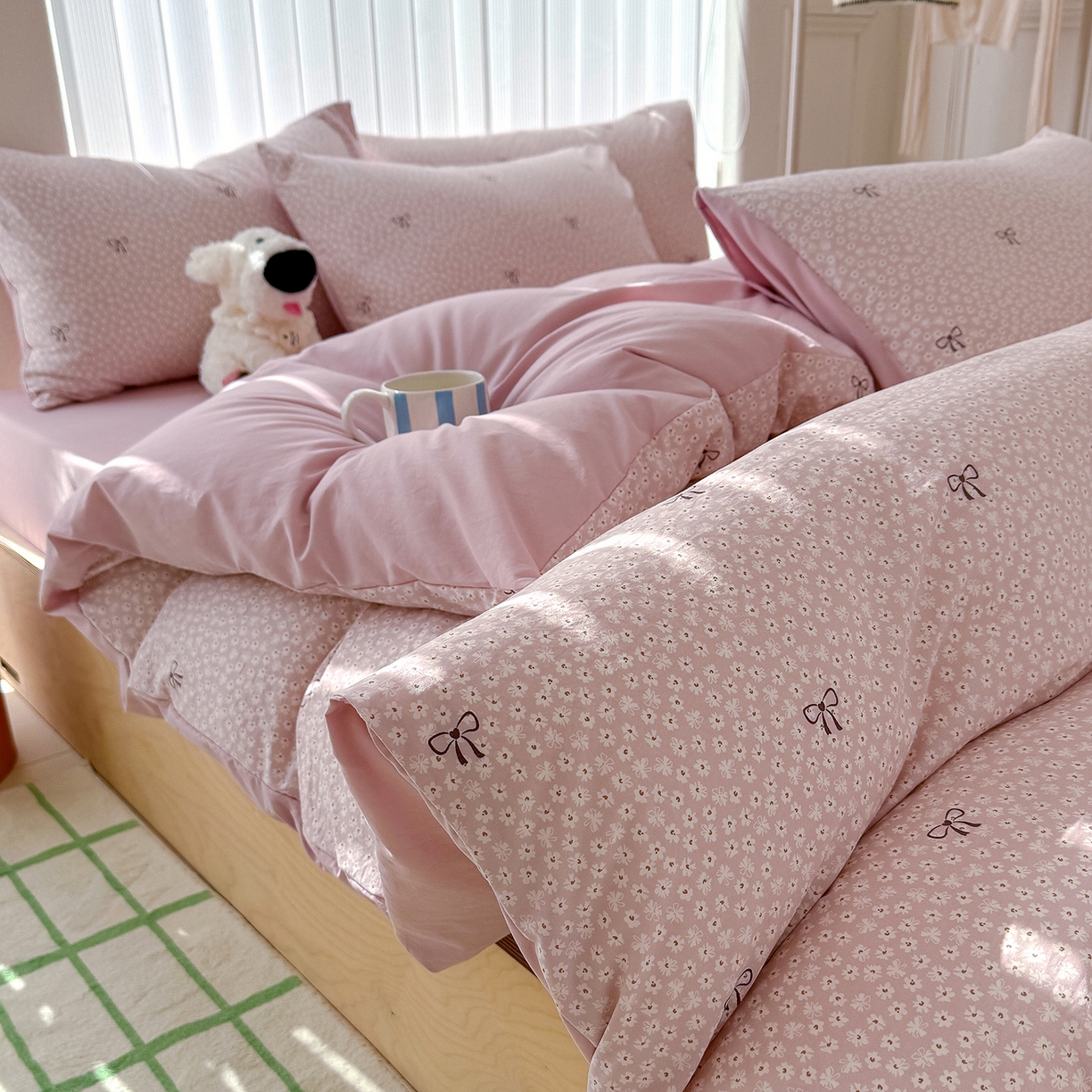 91家纺网 家纺一手货源 找家纺 铺尚美家纺 2026新款春款A类古法水洗仿棉云感棉小布袋四件套 蝴蝶结粉