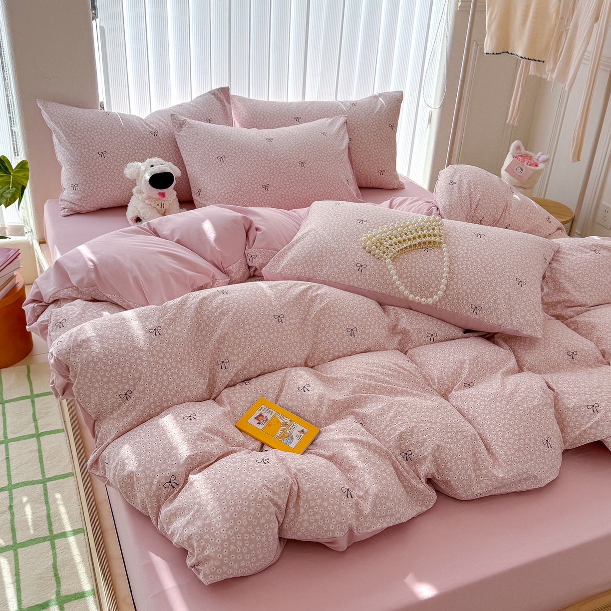 91家纺网 家纺一手货源 找家纺 铺尚美家纺 2026新款春款A类古法水洗仿棉云感棉小布袋四件套 蝴蝶结粉