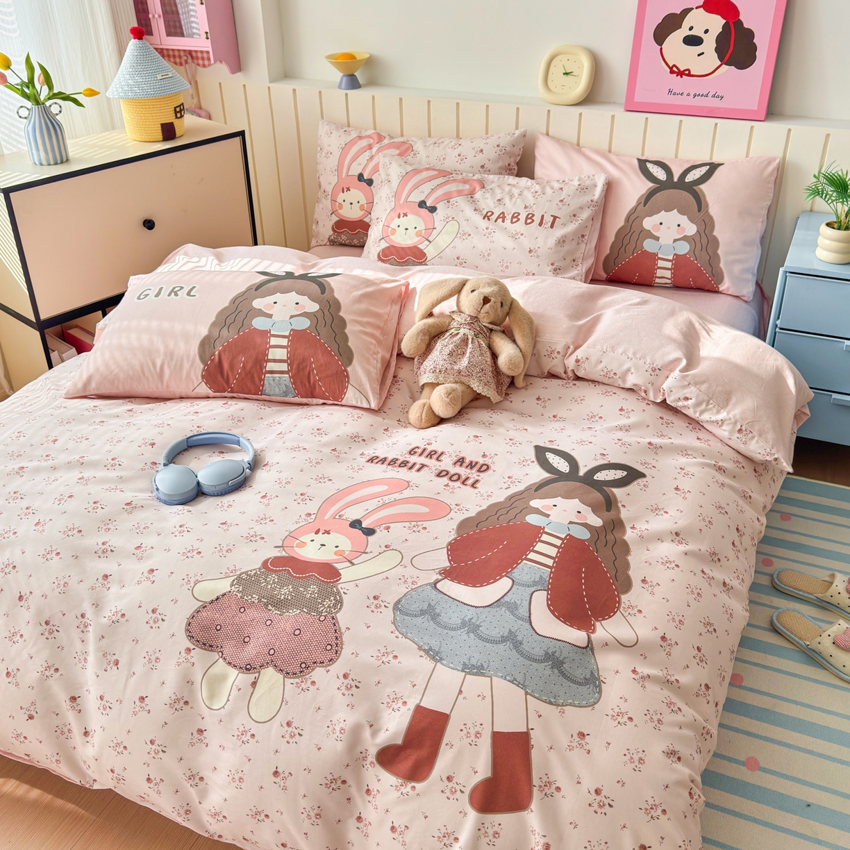 91家纺网 家纺一手货源 找家纺 寐居家纺 2026新款全棉大版数码印花四件套 甜心女孩