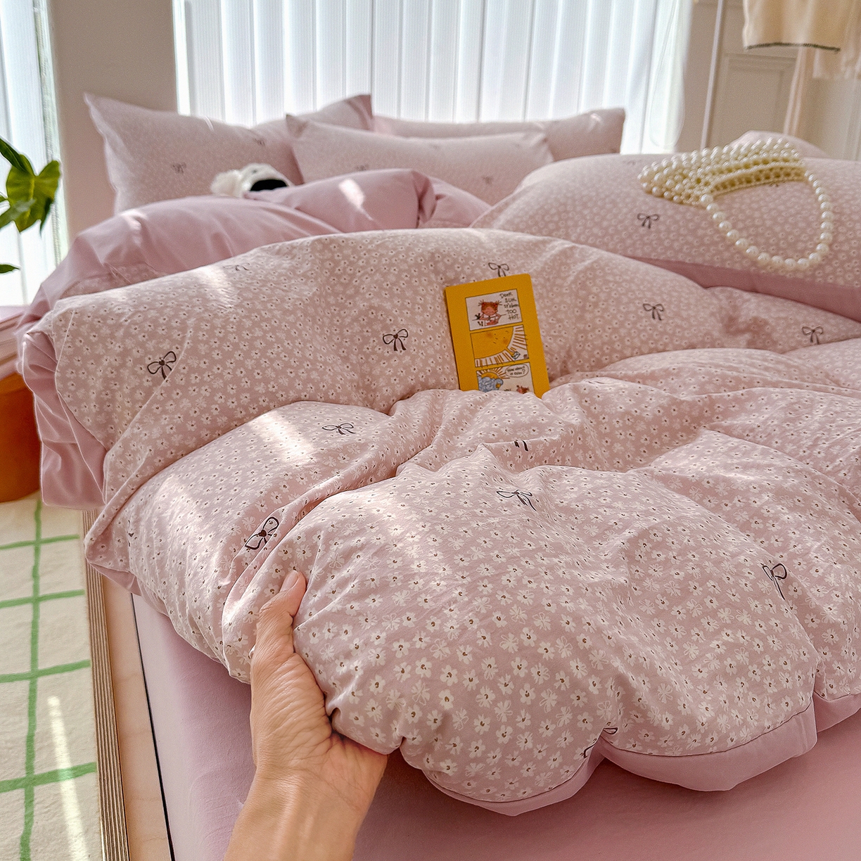 91家纺网 家纺一手货源 找家纺 铺尚美家纺 2026新款春款A类古法水洗仿棉云感棉小布袋四件套 蝴蝶结粉