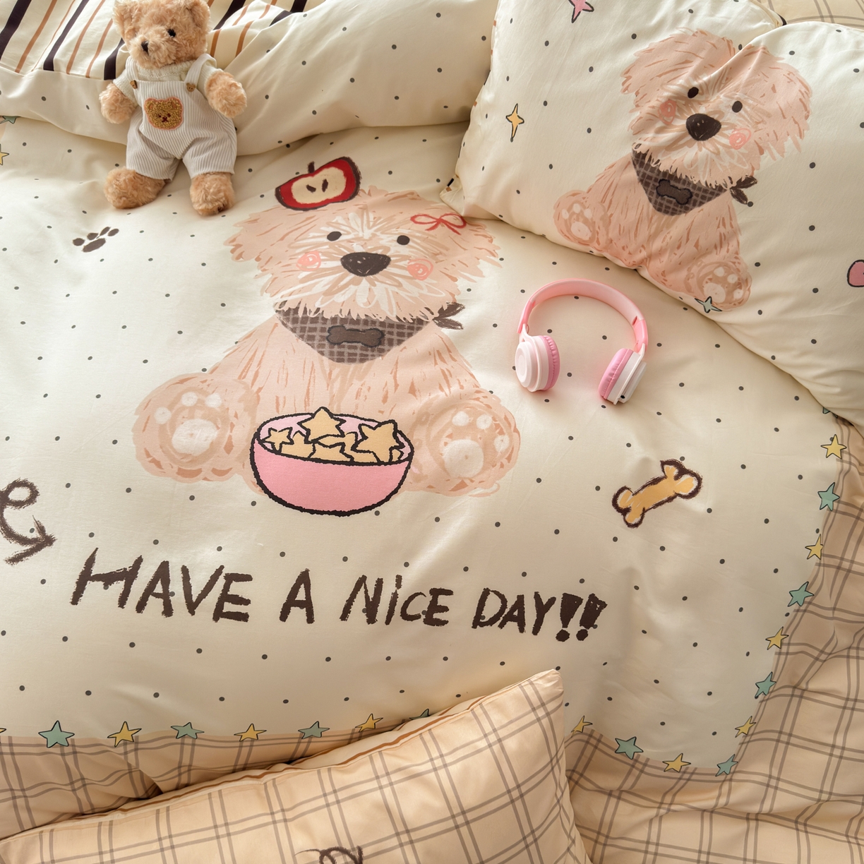 91家纺网 家纺一手货源 找家纺 寐居家纺 2026新款全棉大版数码印花四件套 潦草小狗