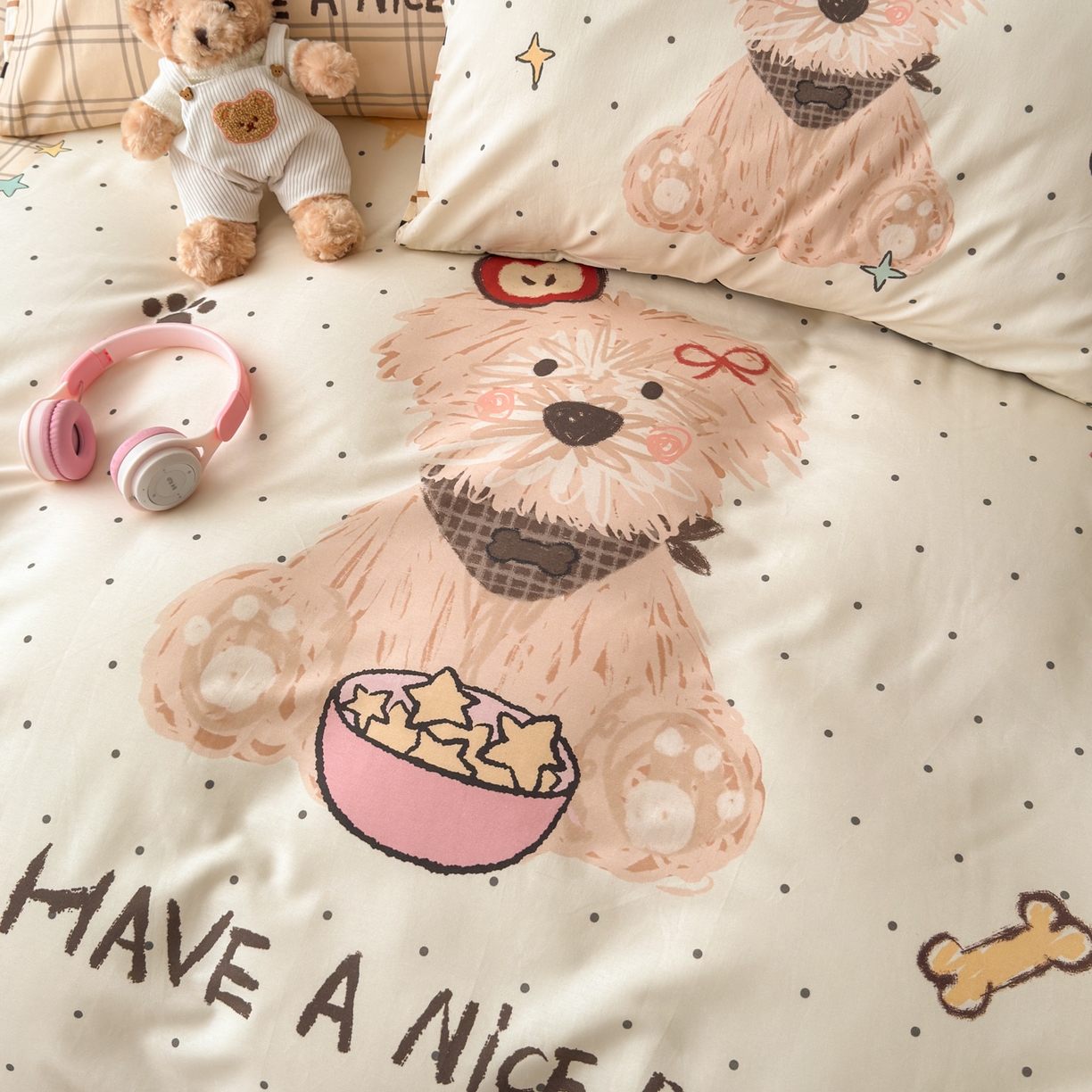 91家纺网 家纺一手货源 找家纺 寐居家纺 2026新款全棉大版数码印花四件套 潦草小狗