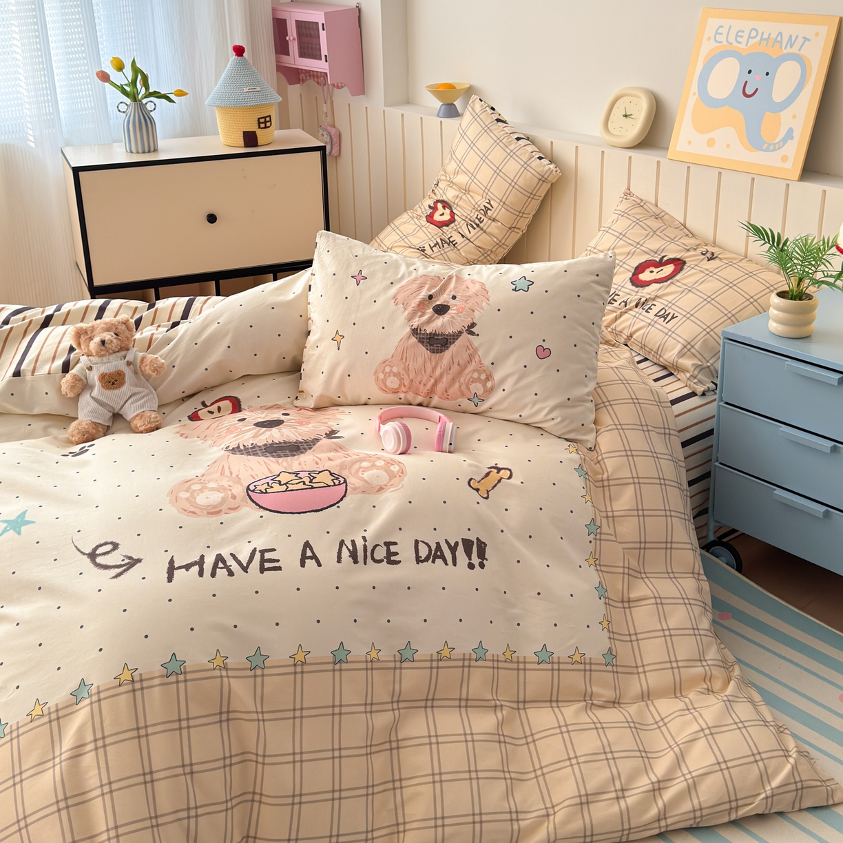 91家纺网 家纺一手货源 找家纺 寐居家纺 2026新款全棉大版数码印花四件套 潦草小狗