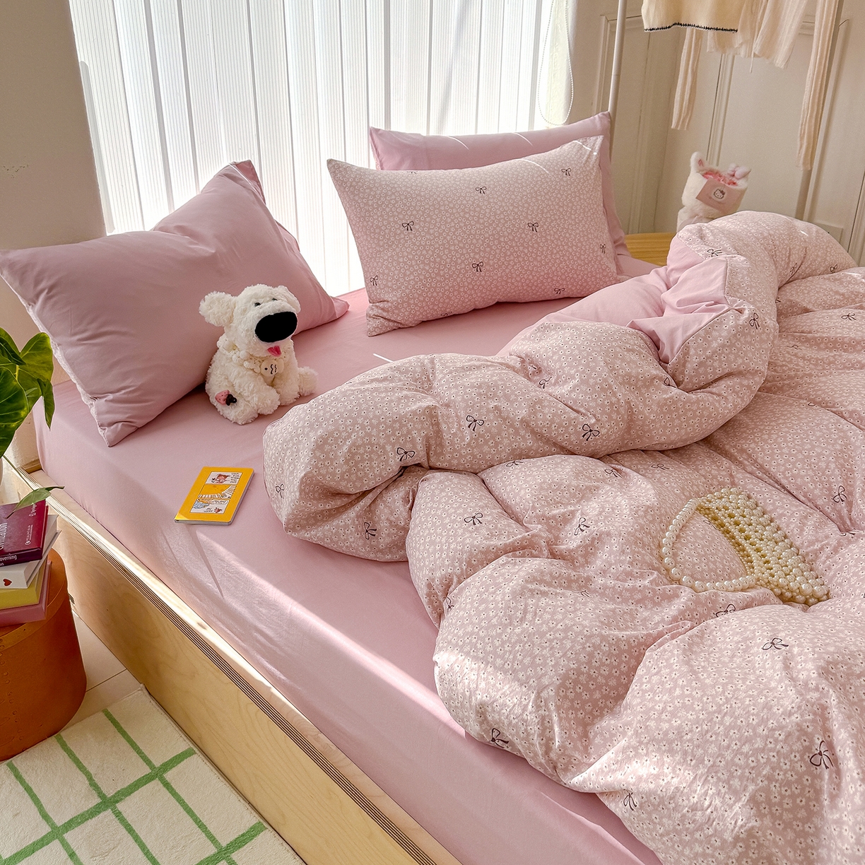 91家纺网 家纺一手货源 找家纺 铺尚美家纺 2026新款春款A类古法水洗仿棉云感棉小布袋四件套 蝴蝶结粉