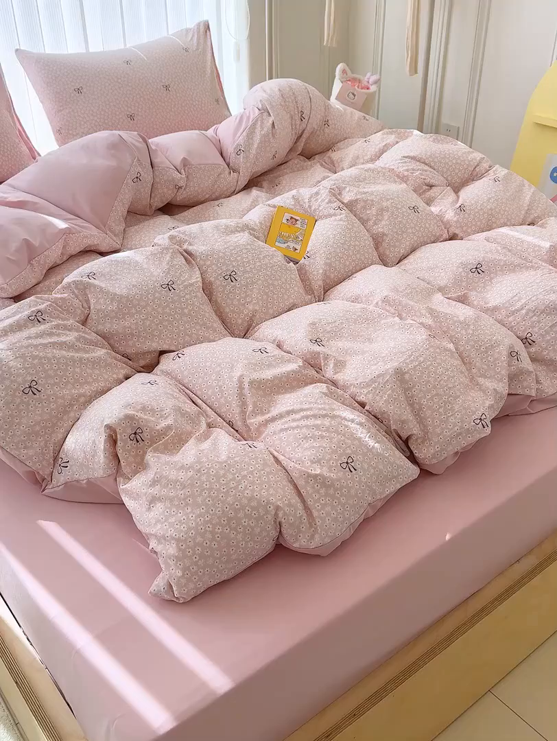 91家纺网 家纺一手货源 找家纺 铺尚美家纺 2026新款春款A类古法水洗仿棉云感棉小布袋四件套 蝴蝶结粉