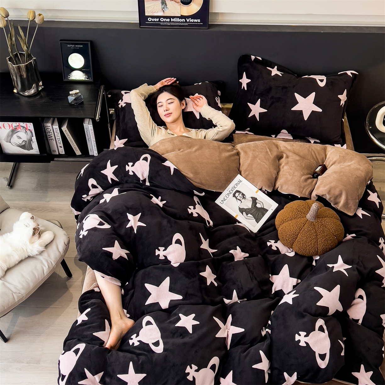 91家纺网 家纺一手货源 找家纺 布凡家居 2026新款A类中古风牛奶绒四件套 绒套件-星梦粉境