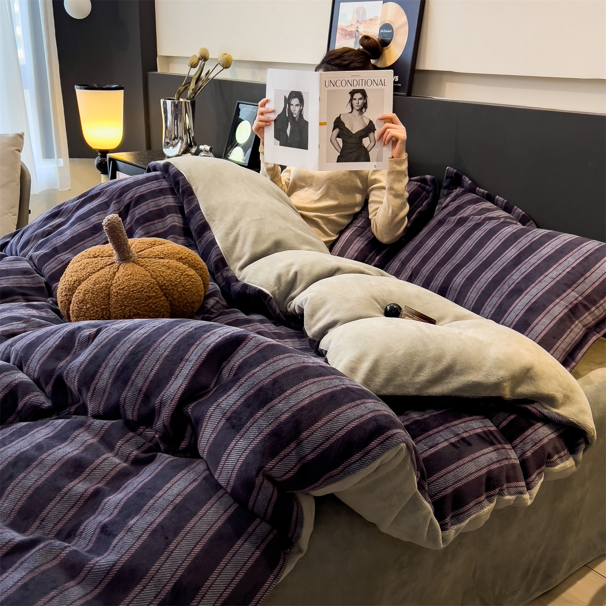 布凡家居 2026新款A类中古风牛奶绒四件套 绒套件-紫韵条纹