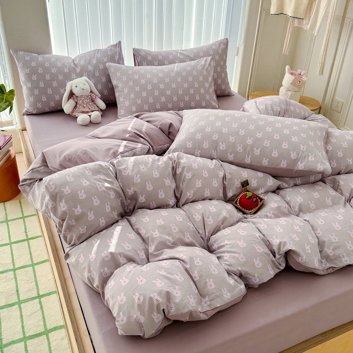 91家纺网 家纺一手货源 找家纺 铺尚美家纺 2026新款春款A类古法水洗仿棉云感棉小布袋四件套 吉米兔紫