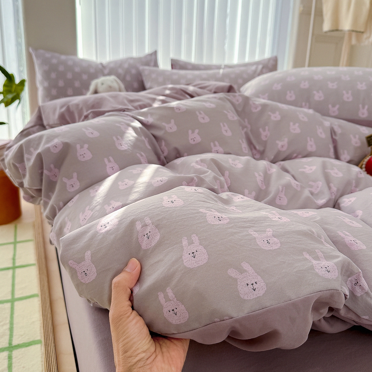 91家纺网 家纺一手货源 找家纺 铺尚美家纺 2026新款春款A类古法水洗仿棉云感棉小布袋四件套 吉米兔紫