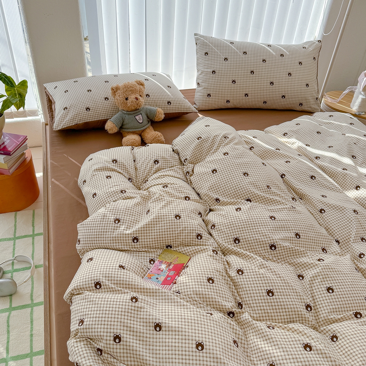 91家纺网 家纺一手货源 找家纺 铺尚美家纺 2026新款春款A类古法水洗仿棉云感棉小布袋四件套 格子小熊