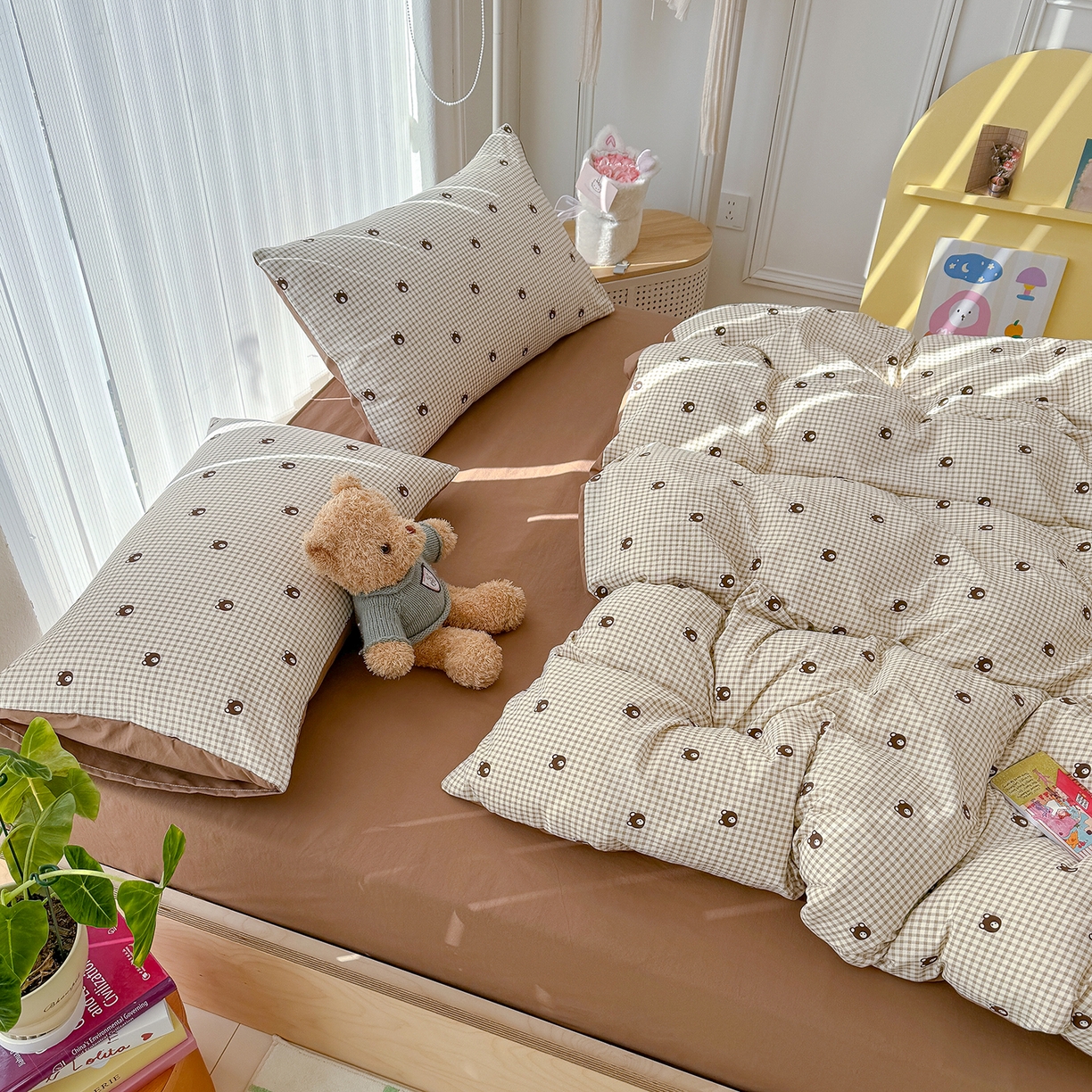 91家纺网 家纺一手货源 找家纺 铺尚美家纺 2026新款春款A类古法水洗仿棉云感棉小布袋四件套 格子小熊