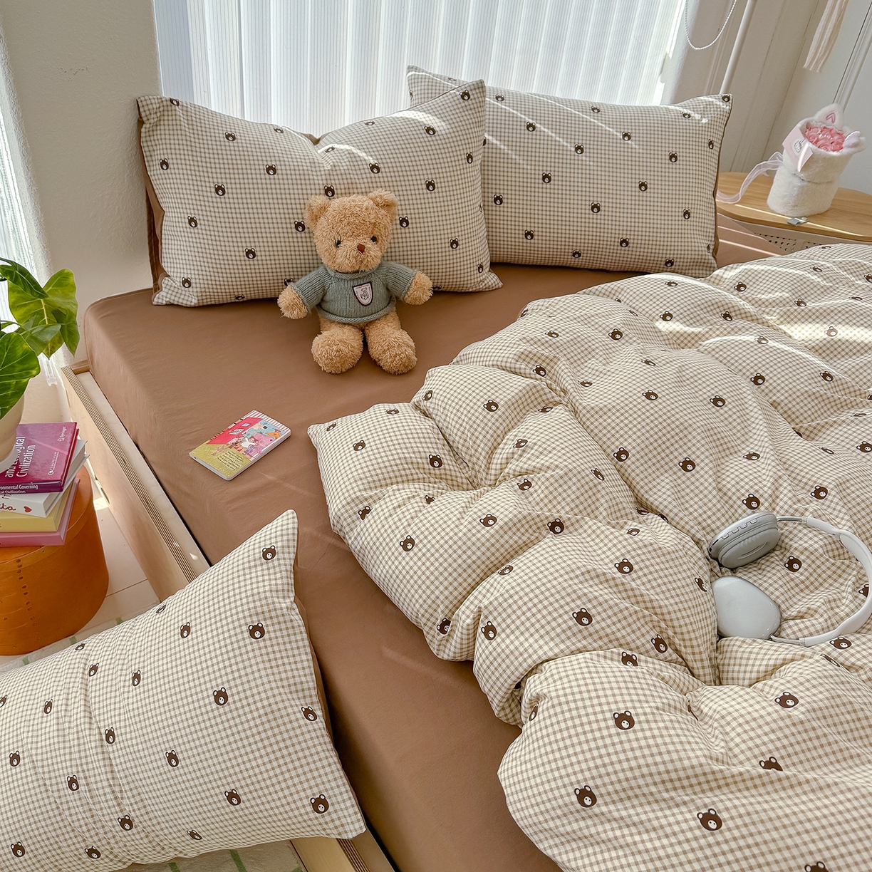 91家纺网 家纺一手货源 找家纺 铺尚美家纺 2026新款春款A类古法水洗仿棉云感棉小布袋四件套 格子小熊