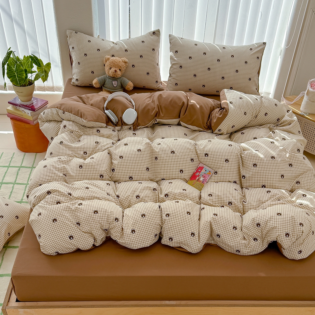 91家纺网 家纺一手货源 找家纺 铺尚美家纺 2026新款春款A类古法水洗仿棉云感棉小布袋四件套 格子小熊