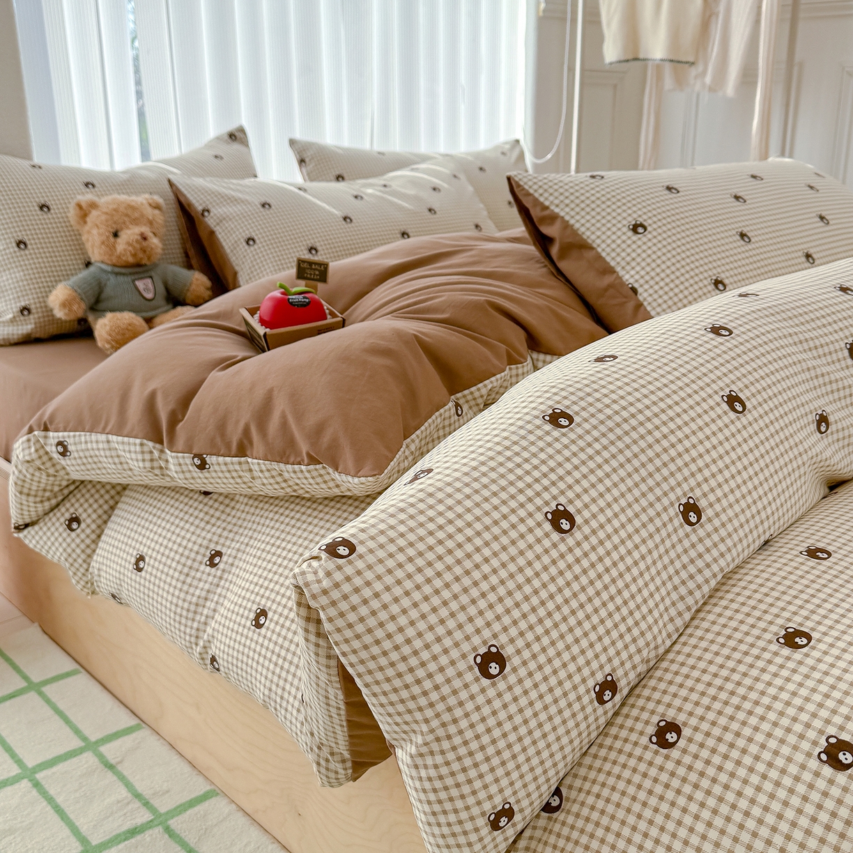 91家纺网 家纺一手货源 找家纺 铺尚美家纺 2026新款春款A类古法水洗仿棉云感棉小布袋四件套 格子小熊