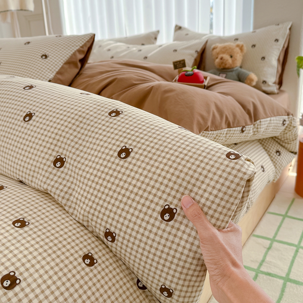 91家纺网 家纺一手货源 找家纺 铺尚美家纺 2026新款春款A类古法水洗仿棉云感棉小布袋四件套 格子小熊