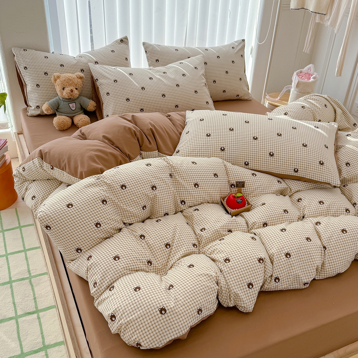 91家纺网 家纺一手货源 找家纺 铺尚美家纺 2026新款春款A类古法水洗仿棉云感棉小布袋四件套 格子小熊