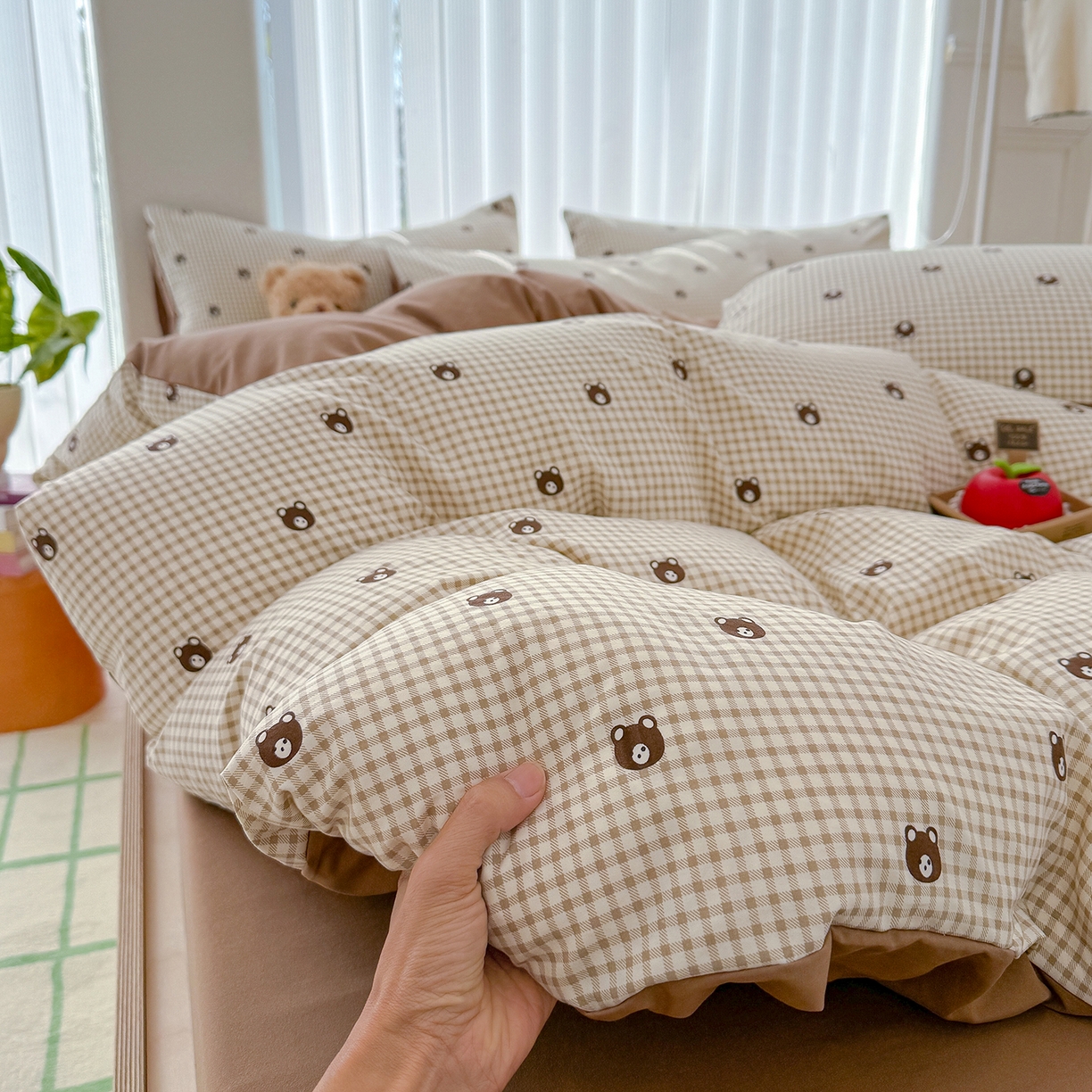 91家纺网 家纺一手货源 找家纺 铺尚美家纺 2026新款春款A类古法水洗仿棉云感棉小布袋四件套 格子小熊