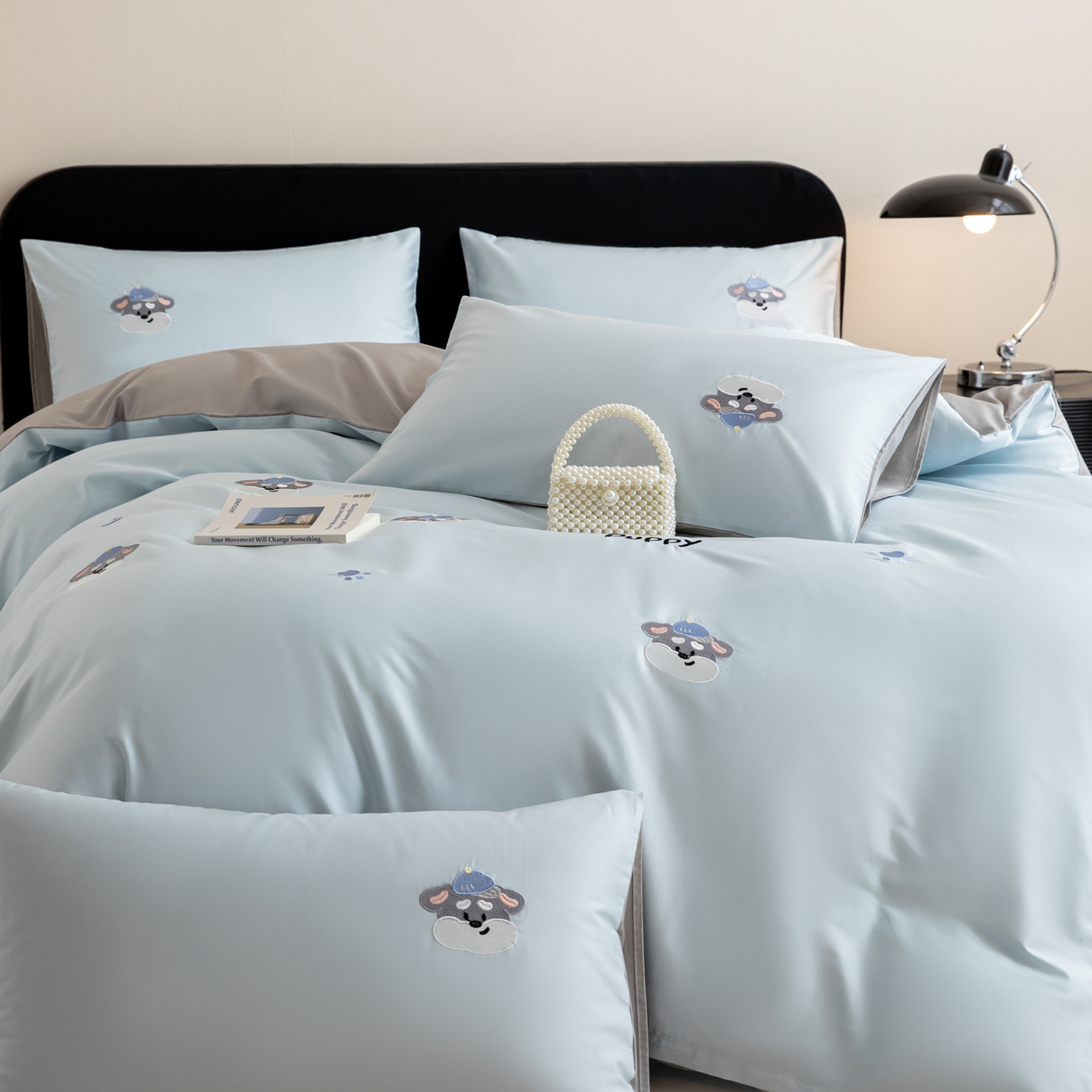 91家纺网 家纺一手货源 找家纺 沐辰 2026新款长绒棉50S纯棉满绣四件套 奶茶小狗