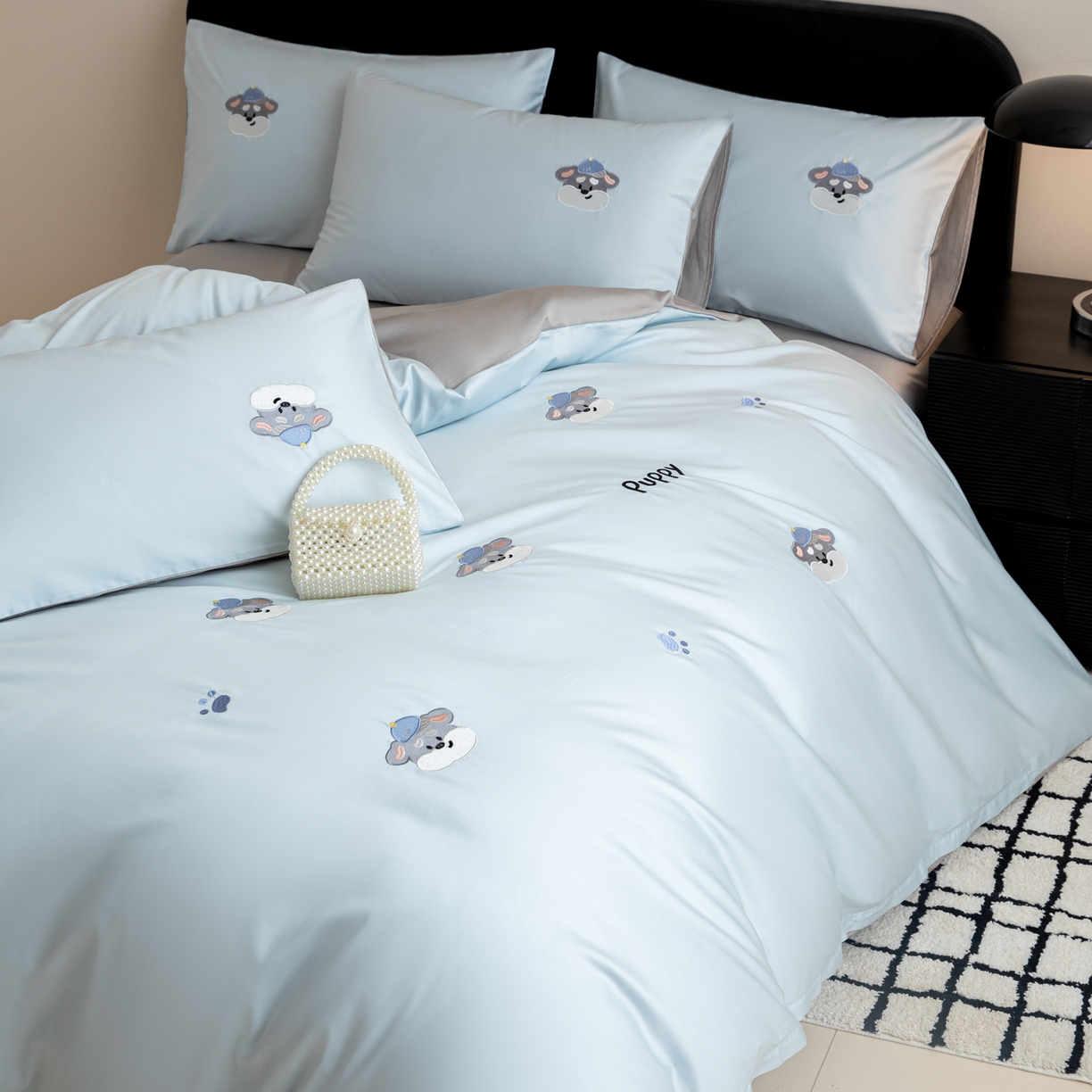 91家纺网 家纺一手货源 找家纺 沐辰 2026新款长绒棉50S纯棉满绣四件套 奶茶小狗