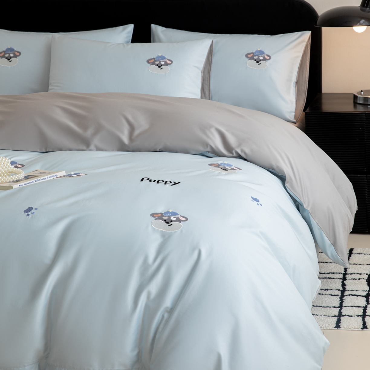 91家纺网 家纺一手货源 找家纺 沐辰 2026新款长绒棉50S纯棉满绣四件套 奶茶小狗