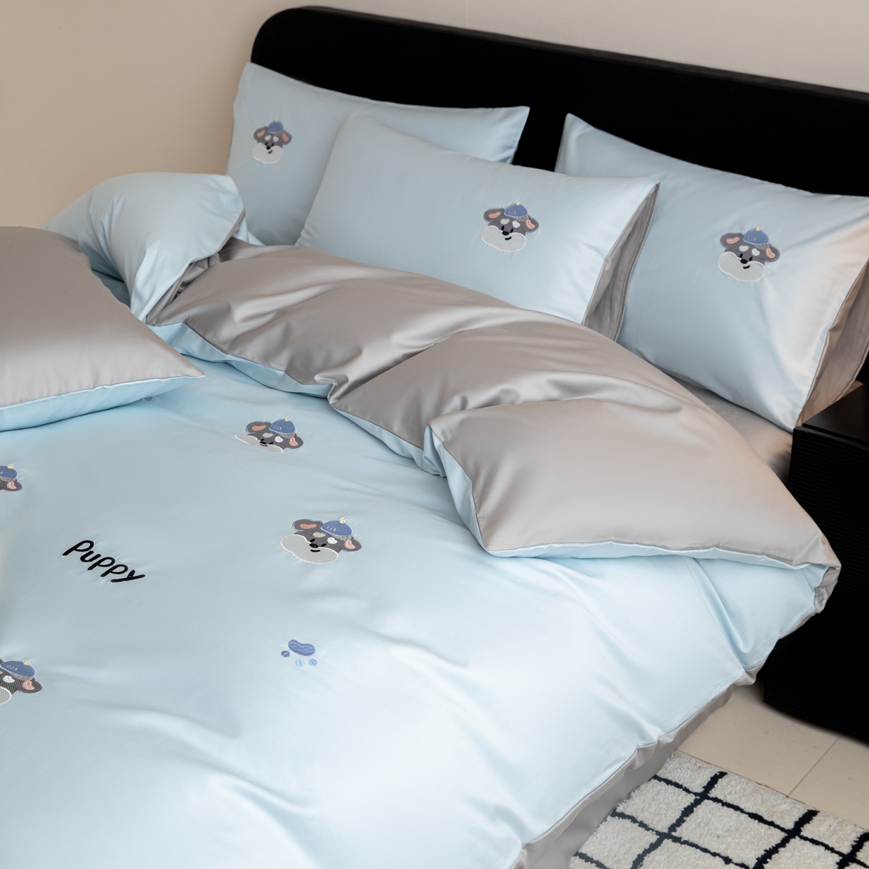 91家纺网 家纺一手货源 找家纺 沐辰 2026新款长绒棉50S纯棉满绣四件套 奶茶小狗