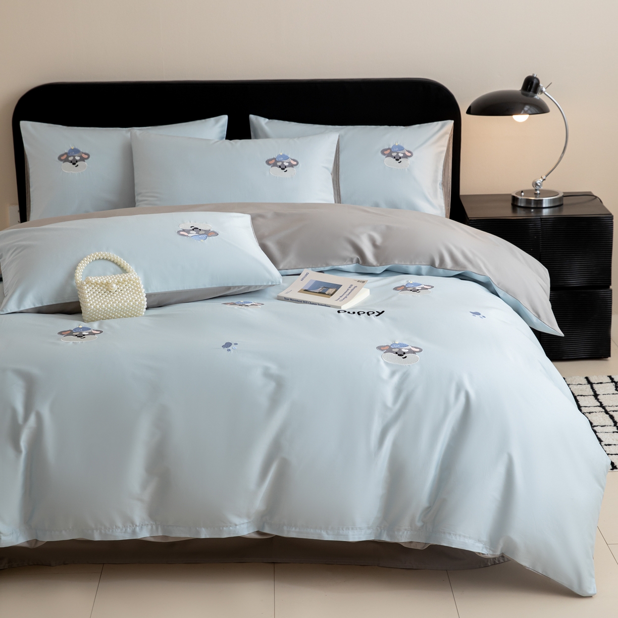 91家纺网 家纺一手货源 找家纺 沐辰 2026新款长绒棉50S纯棉满绣四件套 奶茶小狗