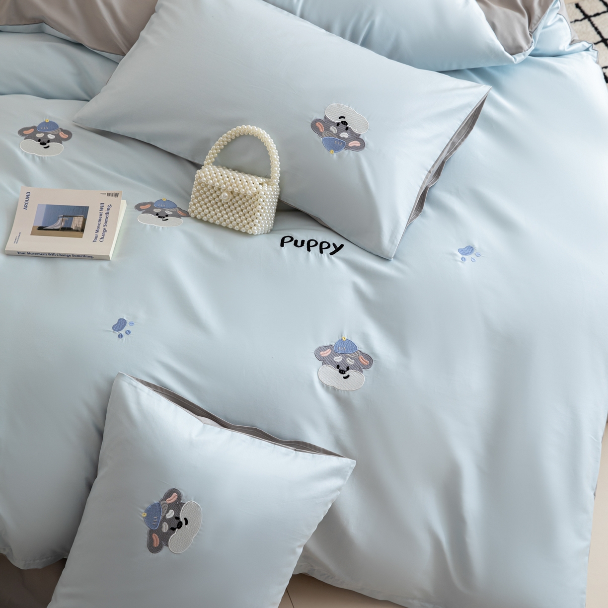 91家纺网 家纺一手货源 找家纺 沐辰 2026新款长绒棉50S纯棉满绣四件套 奶茶小狗