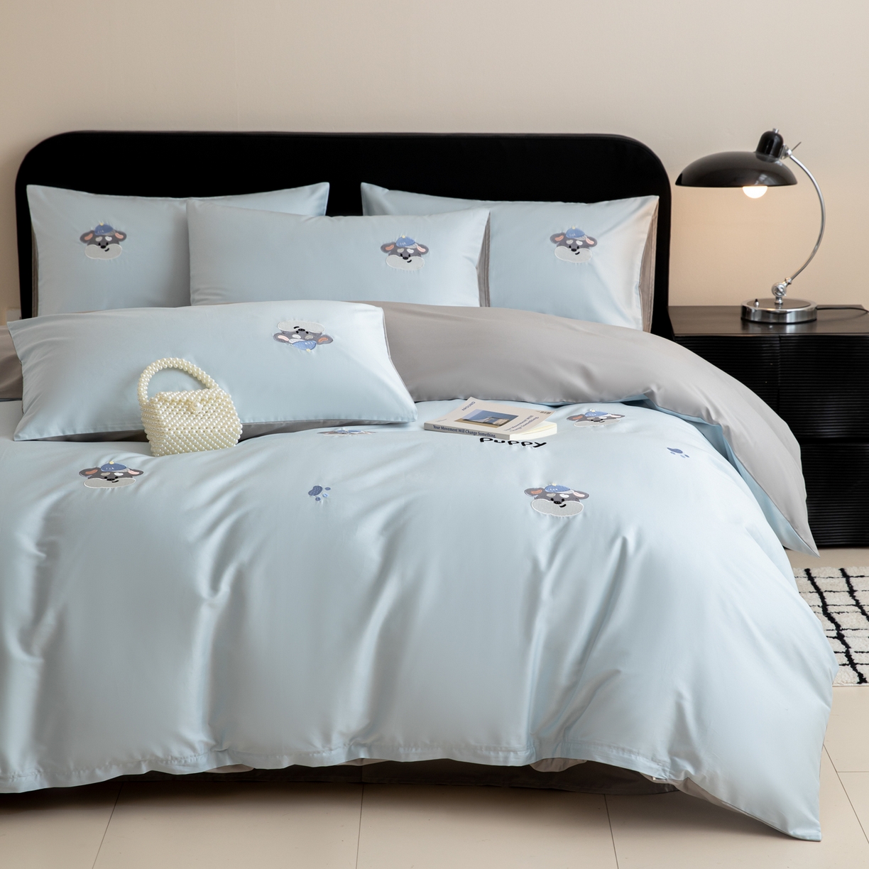 91家纺网 家纺一手货源 找家纺 沐辰 2026新款长绒棉50S纯棉满绣四件套 奶茶小狗