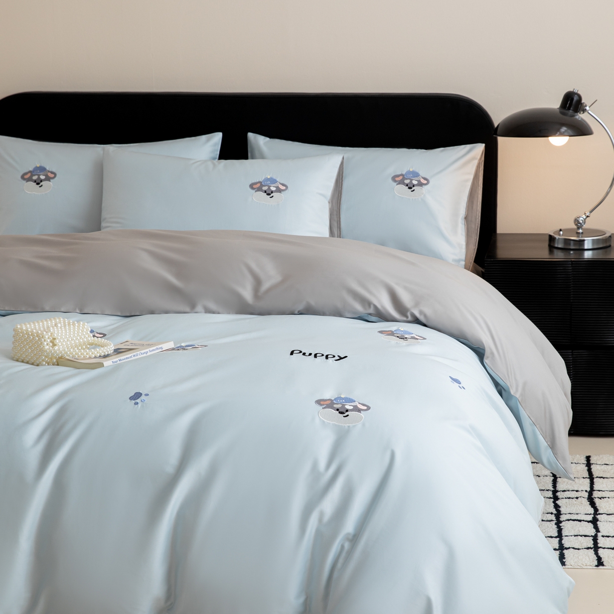 91家纺网 家纺一手货源 找家纺 沐辰 2026新款长绒棉50S纯棉满绣四件套 奶茶小狗