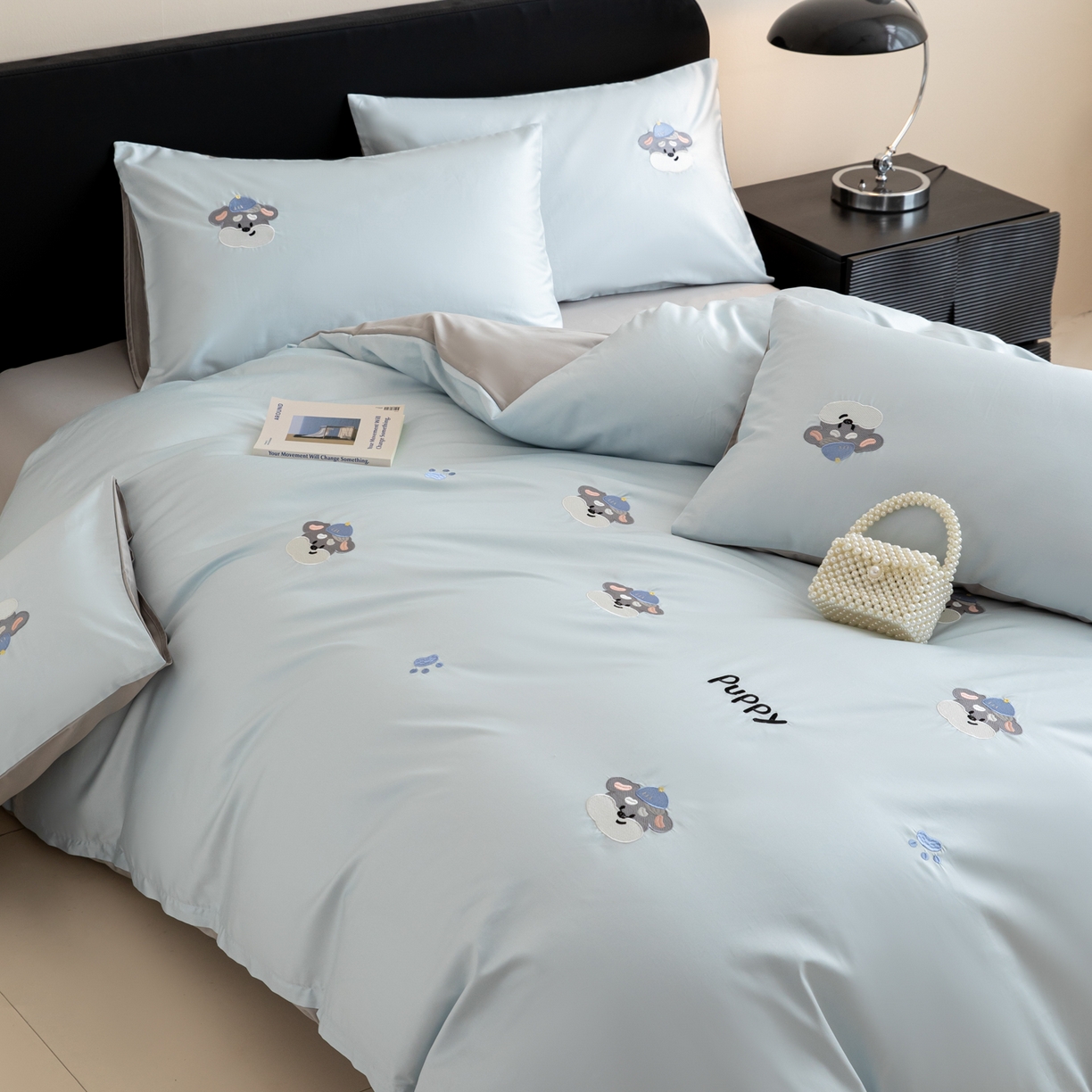 91家纺网 家纺一手货源 找家纺 沐辰 2026新款长绒棉50S纯棉满绣四件套 奶茶小狗